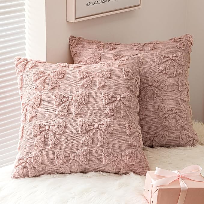 MIULEE Blush Pink Bow Pillow Covers Coquette Room Decor Aesthetic Set of 2 Decorative Cute Girl Vlentine Pillow Covers Spring Soft Plush Faux Pillowcase for Preppy Room Decor Bedroom Couch,20x20 Inch