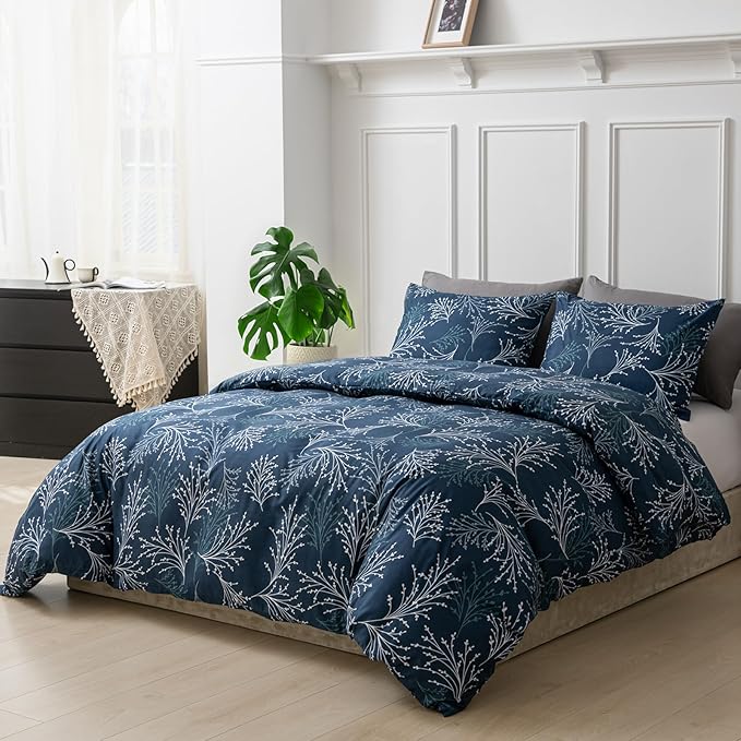 Lekesky Reversible Duvet Cover Queen Size, Navy Blue Branch Comforter Cover Queen 3pcs Microfiber Botanical Bedding Set with Zipper Closure Corner Ties