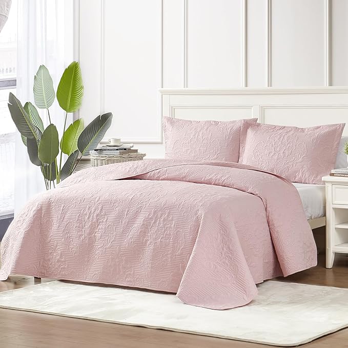 Hansleep Pink Quilt Queen Size - Damask Ultrasonic Summer Bedspread Queen, Soft Lightweight Coverlet Bedding Set, 3 Pieces (1 Quilt, 2 Pillow Shams)