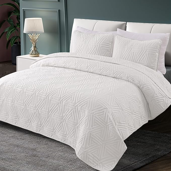 Whale Flotilla Soft King Size Quilt Set for All Seasons, 3-Piece Ultrasonic Geometric Quilts Bedding Set, Lightweight Reversible Bedspread, Coverlet, Bed Cover with 2 Pillow Shams, White