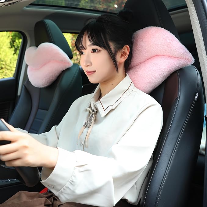 Sexysamba 2 Pack Lip Shaped Car Headrest Pillow, Comfortable Soft Head Rest Cushion Kawaii Car Accessories Cute Car Neck & Seat Pillow for Driving Travelling Office Home Decor - Pink Lip