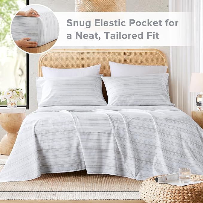 Comfort Spaces 100% Cotton Sheets Full, Breathable, Naturally Cool Cotton Sheets, Soft Cotton Bed Sheets with 14" Elastic Pocket Fits up to 16" Mattress, All Seasons Sheet Set, Good Vibes Grey 4 Piece