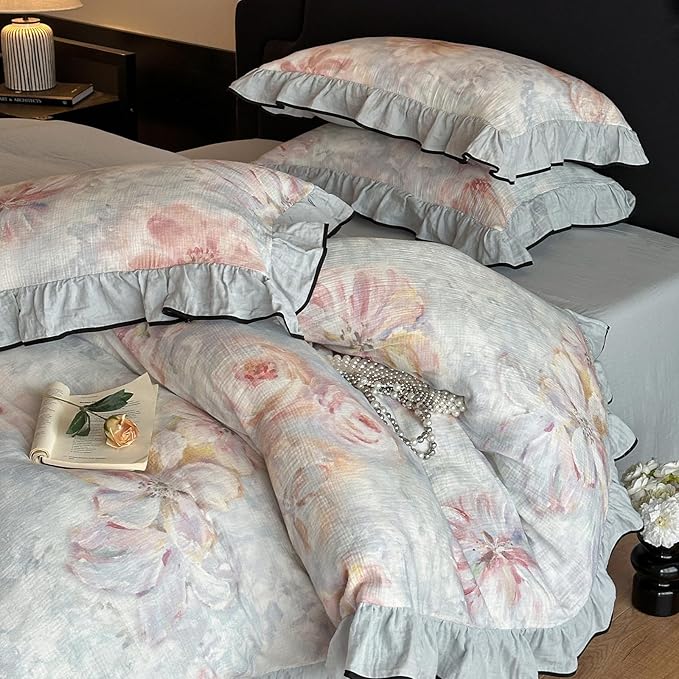 HighBuy Ruffle Duvet Cover Set King Blue Chic Blue Floral Bedding Set,100% Linen Cotton Natural Super Soft Comforter Cover,Comfortable Chic Lightweight - 1 Duvet Cover with 2 Pillowcase