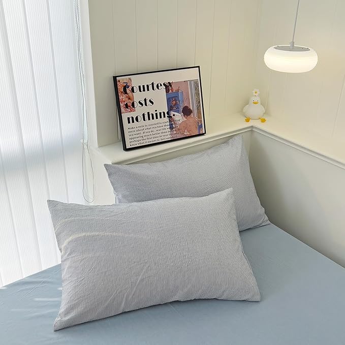 mixinni Striped Duvet Cover Set- 100% Washed Cotton Blue Comforter Cover with White Pinstripe Stripes Pattern Printed Bedding Set with Zipper Closure, 3 Pieces,Full Size