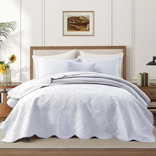 MOONLIGHT20015 King Quilt Bedding Set Size (106" x 96") + 2 Pillow Shams (20" x 36"+ 2") - 3 Pcs All Season Lightweight Reversible Quilt Bedspread Microfiber Floral Embossed Coverlet (White)