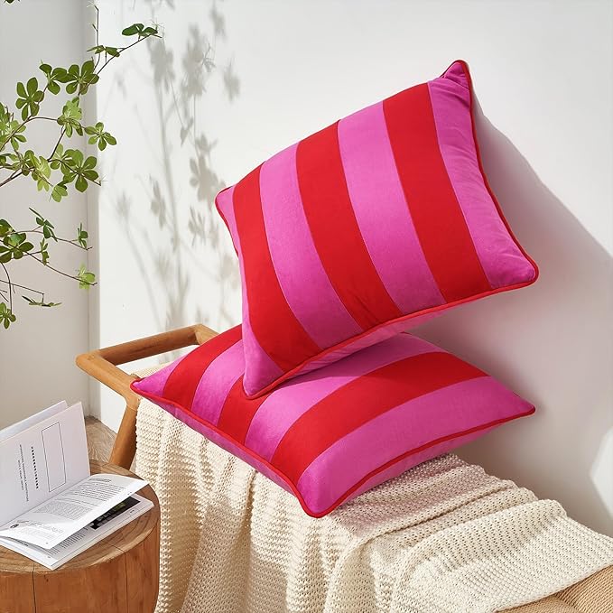 MONDAY MOOSE Decorative Throw Pillow Covers Cushion Cases, Set of 2 Soft Velvet Striped Piping Edge Designs, Pillow Inserts Not Included (20x20 inch, Hot Pink/Red)