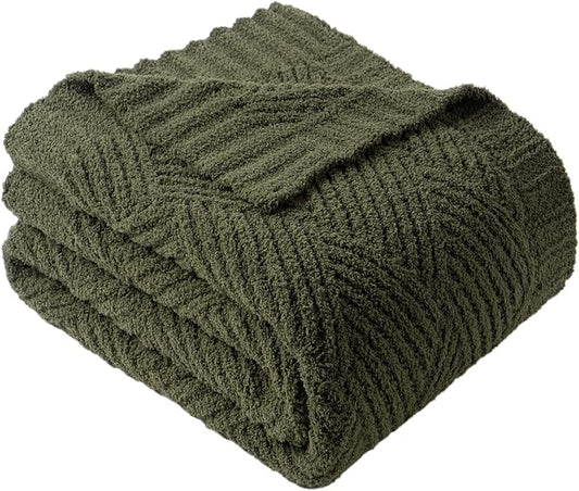 Battilo Olive Green Diamond Knit Throw Blanket for Couch and Bed, Soft Textured Chenille Blanket, Cozy Lightweight Decorative Blanket for Sofa, 50"x60"