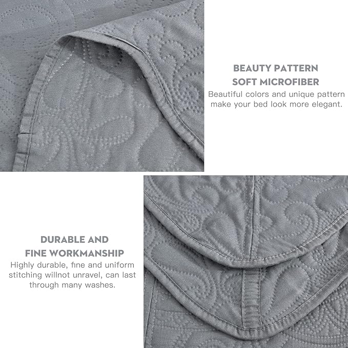 Oversized King Bedspread, Ultrasonic Lightweight Bedding Cover, Paisley Pattern, Reversible, 5 Piece, 100% Microfiber, Grey
