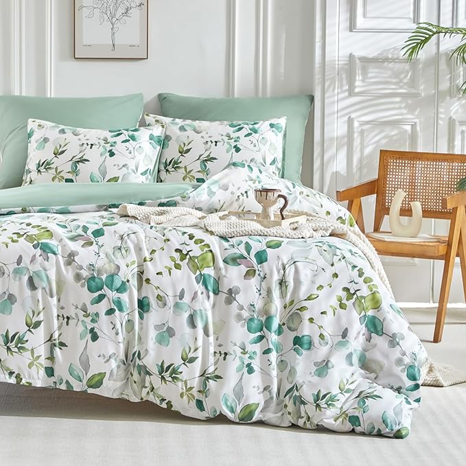Lekesky Duvet Cover Queen Size, Reversible Botanical Floral Duvet Cover Set with Zipper Closure, 3 Pieces Soft Microfiber Green Bedding Set (1Duvet Cover 90"x90", 2 Pillowcases 20"x26")