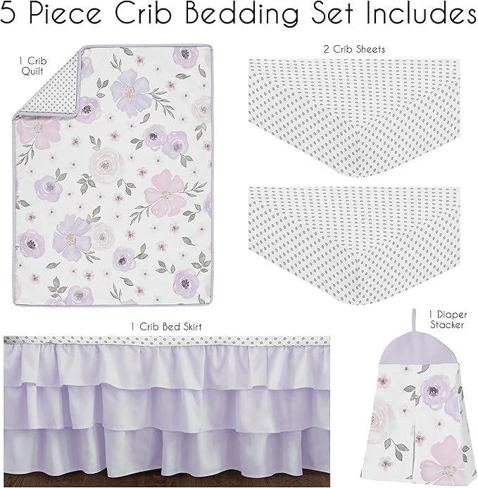 Sweet Jojo Designs 5-Piece Baby Crib Bedding Set (Purple Boho Floral) for Girls, Infants/Nursery incl. Blanket, Fitted Sheet & Crib Skirt (Lavender, Bohemian Shabby Chic, Flower, Farmhouse, Polka Dot)