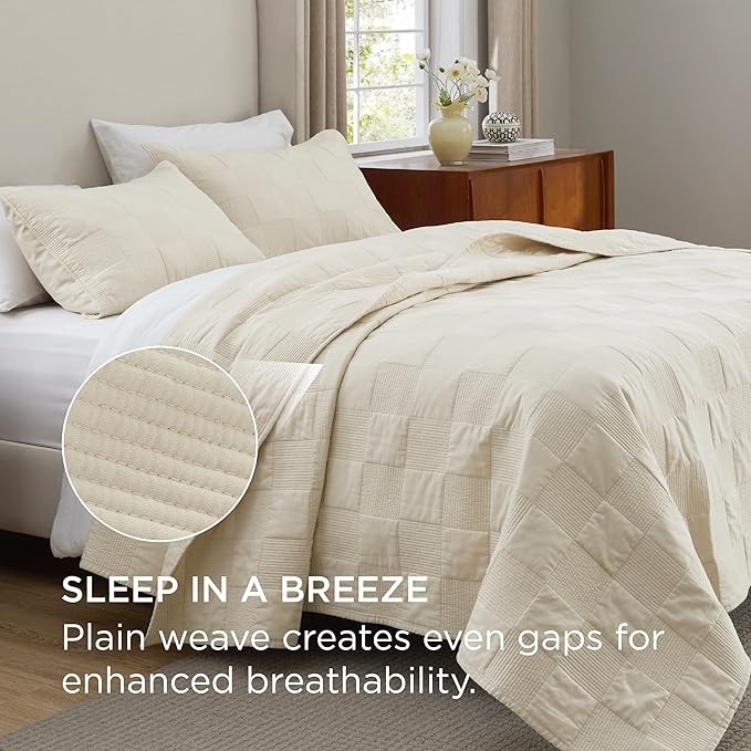 Bedsure 100% Cotton Quilt Set - Lightweight Queen Bedspread, Cozy Beige Bedding Coverlet 3-Piece with Pillow Shams in Checker Pattern for All Season, 90x96 inches, 100% Cotton Voile