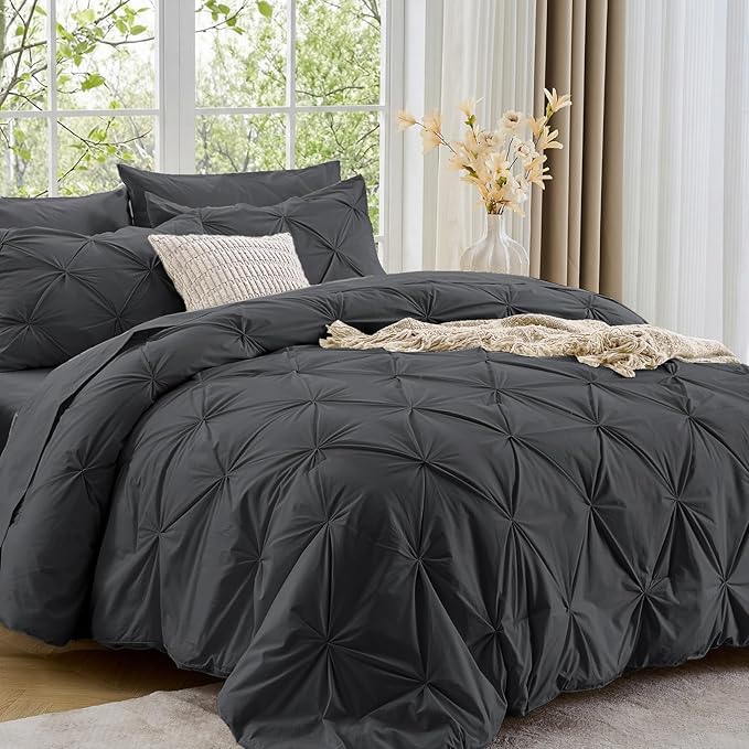 Sasttie Twin Comforter Set, 5-Piece Bed in a Bag, Pintuck Bedding Sets for All Season, Includes Comforter, Flat Sheet, Fitted Sheet, Pillowcase and Pillowsham, Dark Grey