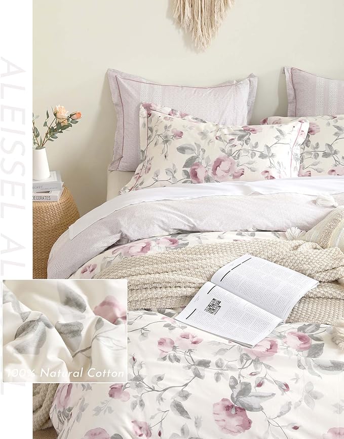 Vintage 100% Cotton Duvet Cover King Size - Dusty Rose & Soft Gray Foliage on White, Blush French Striped Patchwork Reverse, Neutural Bedding Set 3Pcs with Button Closure (King,104"x90")
