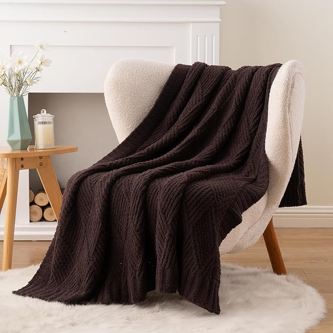 Battilo Brown Diamond Knit Throw Blanket for Couch and Bed, Soft Textured Chenille Blanket, Cozy Lightweight Decorative Blanket for Sofa, 50"x60"