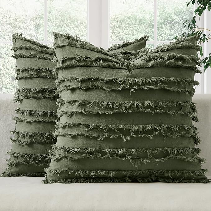 MIULEE Decorative Boho Throw Pillow Covers Set of 2 Dark Olive Green Linen Striped Jacquard Pattern Farmhouse Modern Cushion Covers for Sofa Couch Living Room Bedroom 18x18 Inch Home Decor