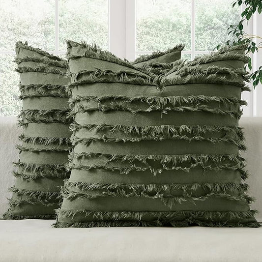 MIULEE Decorative Boho Throw Pillow Covers Set of 2 Dark Olive Green Linen Striped Jacquard Pattern Farmhouse Modern Cushion Covers for Sofa Couch Living Room Bedroom 18x18 Inch Home Decor