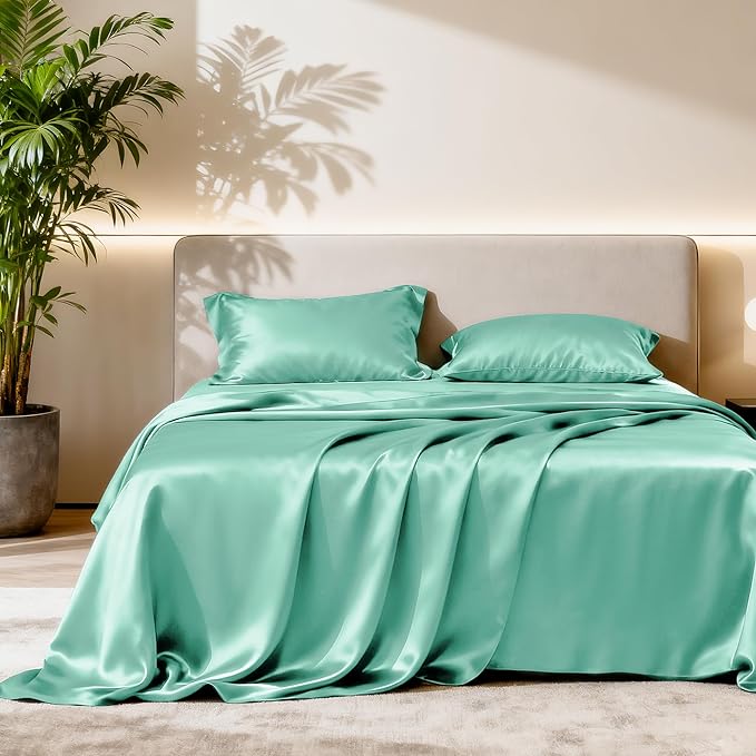 Love's cabin Full Satin Bed Linen Set, 4 Piece, Aqua, Silky Soft, Luxury Feeling, Wrinkle Resistant, Deep Pockets, Fitted & Flat Sheets, 2 Pillowcases
