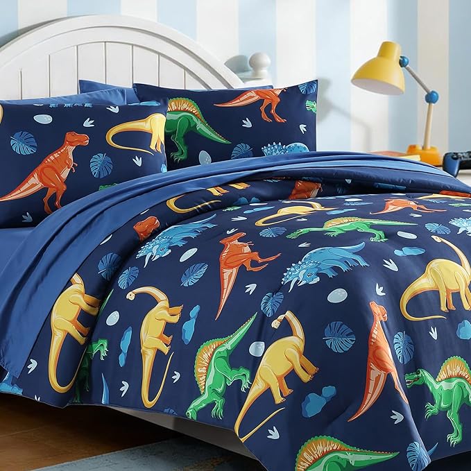 Full Comforter Set for Boys Kids - 7 Pieces Navy Dinasour Full Size Bedding Sets for Kids, Soft Cozy Bed in A Bag with Sheets