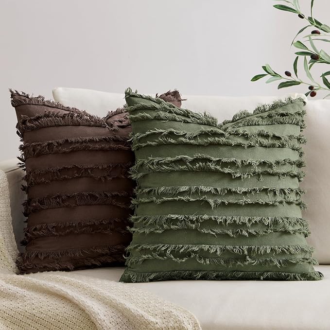MIULEE Decorative Boho Throw Pillow Covers Set of 2 Dark Olive Green Linen Striped Jacquard Pattern Farmhouse Modern Cushion Covers for Sofa Couch Living Room Bedroom 18x18 Inch Home Decor