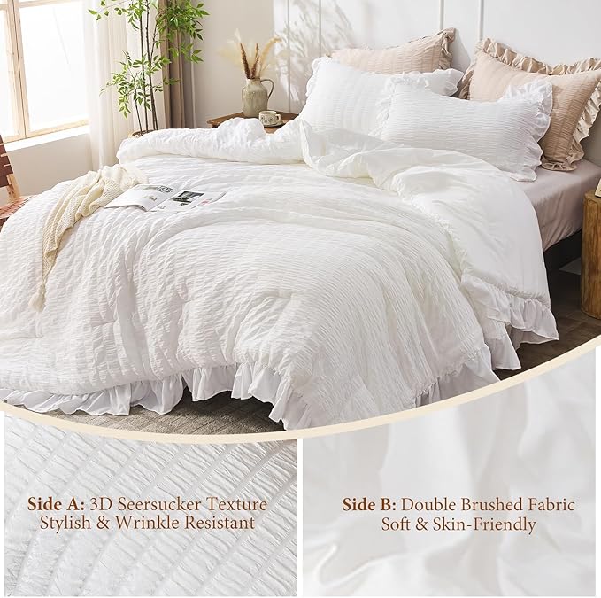 JOLLYVOGUE White Twin Size Comforter Set, 2 Pieces Seersucker Lightweight Fluffy Bedding Set, Twin Ruffle Comforter, All Season Soft Microfiber Shabby Chic Bed Set
