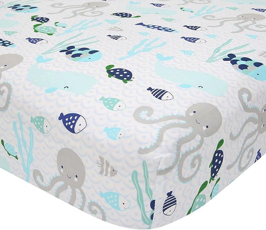 Lambs & Ivy Oceania 100% Cotton Fitted Crib Sheet - White with Blue Nautical/Aquatic Fish and Octopus