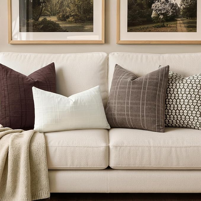 MIULEE Decorative Linen Check Throw Pillow Covers Neutral Farmhouse Vintage Pillow Covers 20x20 Set of 2 Boho Modern Winter Home Decor for Sofa Couch Bedroom Cushion Dark Brown