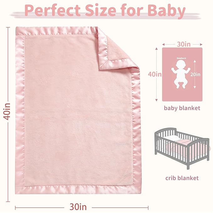 Pro Goleem Fleece Baby Blankets for Girls with 2 Inch Satin Trim, Super Soft Plush Receiving Blanket for Infant Toddler Newborn, Cozy 30x40 Inch Crib & Stroller Blanket (Pink)