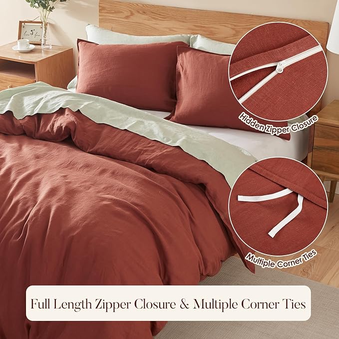 DAPU 100% Linen Duvet Cover Set - Pure Natural French Flax Linen with Corner Ties and Zipper Closure Soft Breathable Durable for Hot Sleepers 1 Duvet Cover 2 Pillowcases (Rust Red, King)