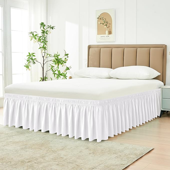 Biscaynebay Wrap Around Bed Skirts for King & Cal King Beds 17" Drop, White Adjustable Elastic Dust Ruffles Easy Fit Wrinkle & Fade Resistant Silky Luxurious Fabric Solid Machine Washable