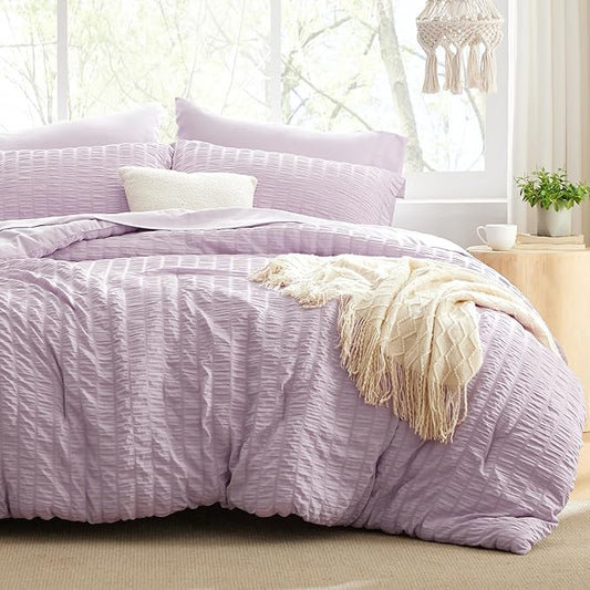 Love's cabin Seersucker Lavender California King Comforter Set, 7-Piece All Season Lightweight Bed in a Bag Bedding Set with Comforter, Flat Sheet, Fitted Sheet, Pillowcases and Shams | Soft, Breathable, Lightweight