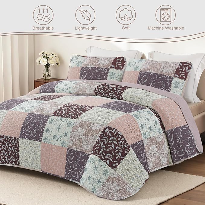 Exclusivo Mezcla Reversible Boho Quilts Queen Size, Brown Bedspreads Lightweight Coverlet All Season Patchwork Quilt Bedding Set with Printed Floral Pattern (1 Quilt, 2 Pillow Shams)