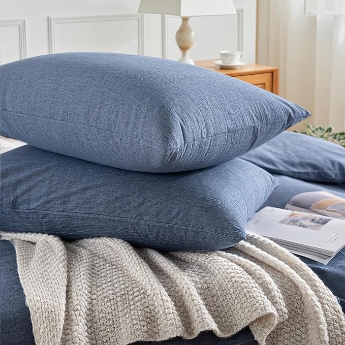 NEXHOME PRO Duvet Cover King 100% Washed Cotton, Organic Natural Linen Like Textured, Breathable, Durable, Home Bedding Set, Heathered Blue 10490
