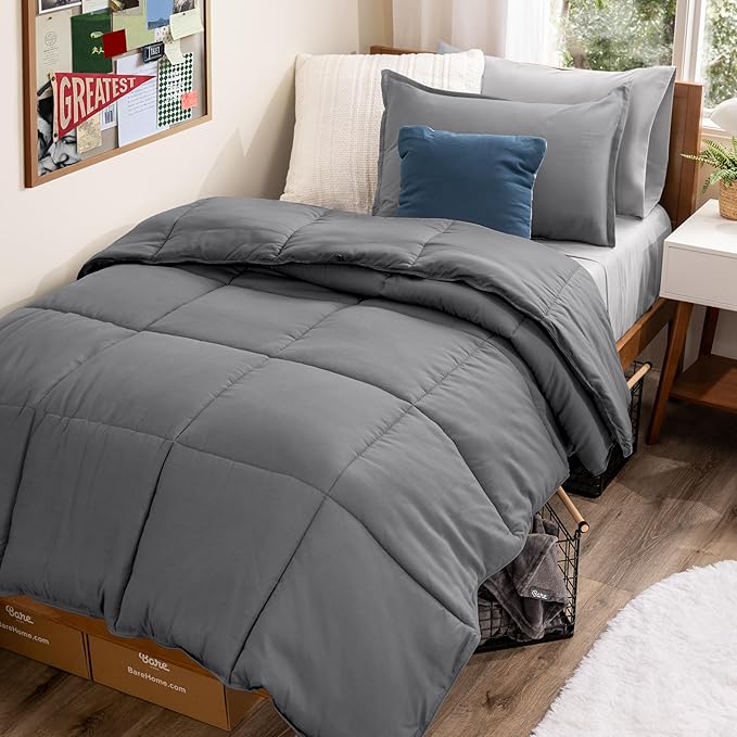 Bare Home Bed-in-A-Bag 5 Piece Comforter & Sheet Set - Twin - Goose Down Alternative - Ultra-Soft 1800 Premium Bedding Set (Twin, Grey/Light Grey)