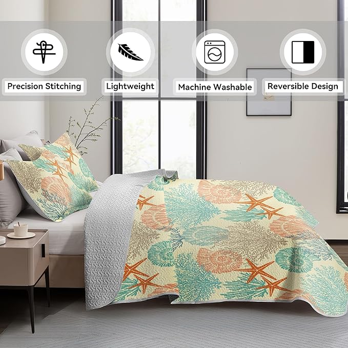 Tritard 3 Piece Coastal Quilt Sets Full/Queen Size - Reversible Microfiber Quilts with 2 Shams Soft Lightweight Beach Bedding Nautical Bedspread Coverlet Summer Comforter for All Season, 90''x96'', C4