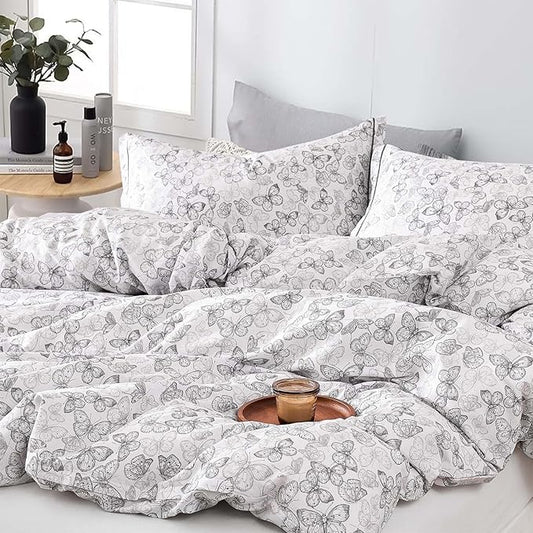 Vintage 100% Natural Cotton Duvet Cover Sets 3Pcs - Elegant Charcoal Gray Sketch Butterflies on White, Artistic Bedding Set with Button Closure(King,104"×90"