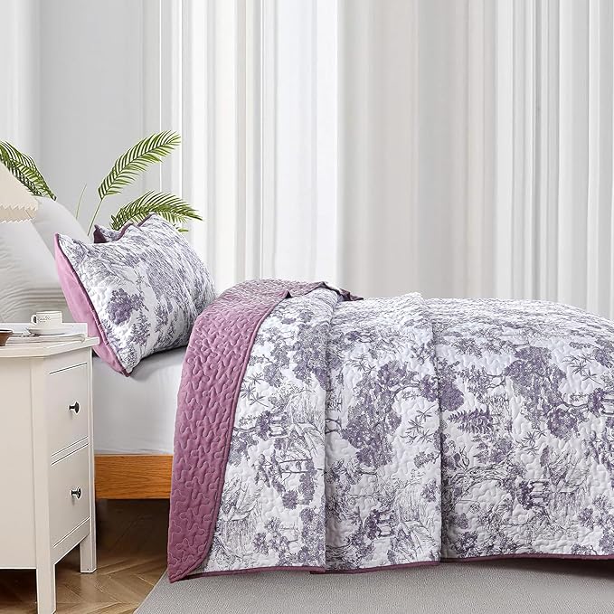 WONGS BEDDING Botanical Quilt Set King Size, Purple 3 Pieces Toile Floral Plants Printed Bedspread Bedding Set Soft Lightweight Microfiber Coverlet Set for All Season (104"x90")