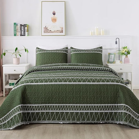 Andency Green Twin Quilt Set, 2 Pieces Boho Lightweight Soft Striped Bedspread for All Season (68"x86"), Printed Bohemian Microfiber Reversible Coverlet Comoforter Sets