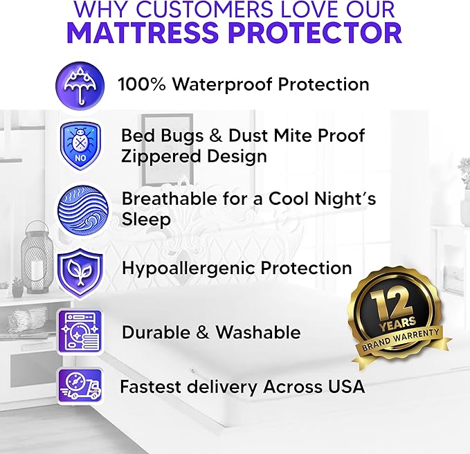 Mattress Encasement Queen (12-16) Inches Deep | Heavy Duty Hotel Grade 100% Waterproof, Breathable, Noiseless, Hypoallergenic 6-Sided 360° Premium Zippered Six-Sided Cover (Machine Washable)