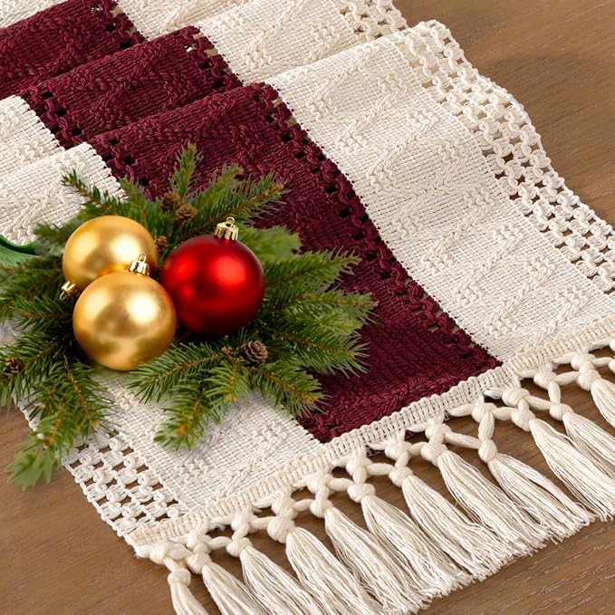 Socomi Boho Table Runner Valentine's Day Farmhouse Rustic Dining Kitchen Centerpiece Decor Small Macrame Woven Cotton Linen Coffee Table Runner for Dresser Scarf Home Decor 12x36 in Burgundy Ivory