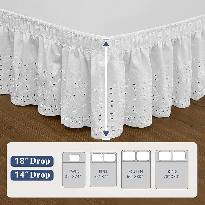 Full Bed Skirt, Wrap-Around Elastic Ruffled Eyelet Bed Skirt Full Size Dust Ruffle with Gathered Styling and Embroidered Details, 14" Drop Length (White)