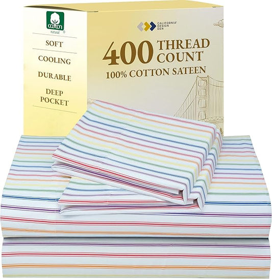 California Design Den Rainbow Striped King Size Sheets Set - 400 Thread Count, Soft Sateen, Natural 100% Cotton Sheets, Deep Pockets, and Durable Bedding Set - Rainbow Striped