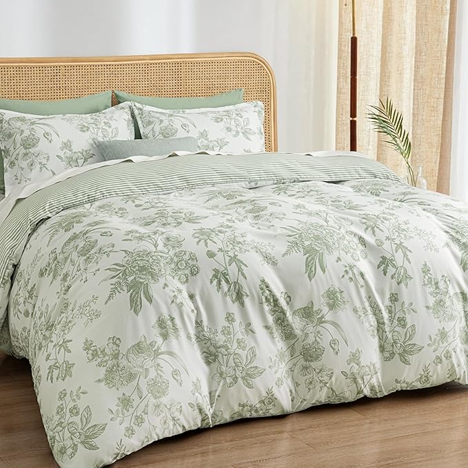 PHF Ultra Soft Floral Duvet Cover Queen Size, Printed Bedding Set 3 Pieces, Comfy Farmhouse Pattern Duvet Cover Set with 2 Pillow Shams, Zipper Closure and 8 Ties, 90"x90", Flower-Green