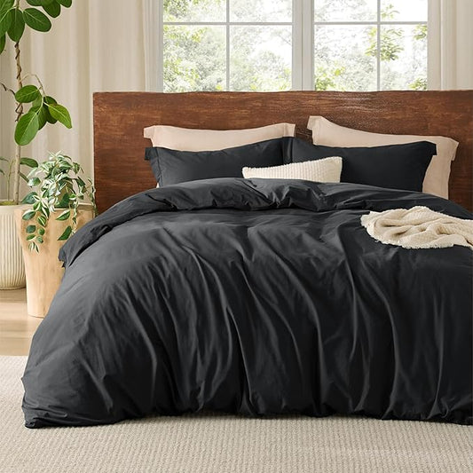 Bedsure 100% Washed Cotton Duvet Cover King Size - Black Minimalist Cotton Duvet Cover Linen Like for All Seasons - GentleSoft™ Plain Simple Bedding (Black, King, 104"x90")