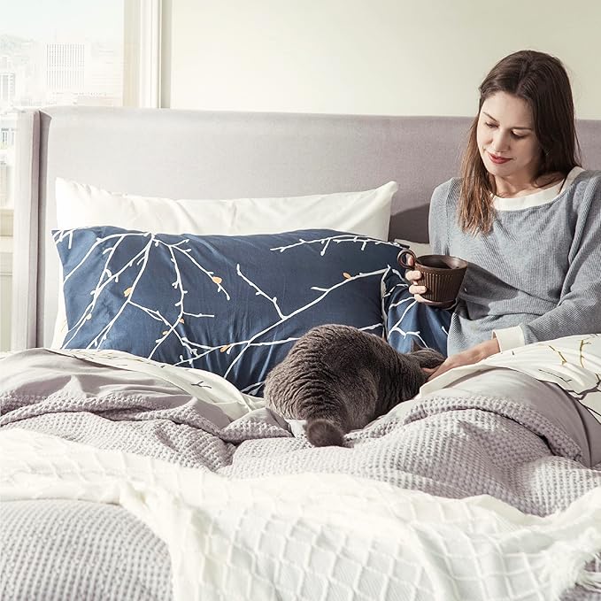 Bedsure King Comforter Sets - 7 Pieces Floral Navy Blue Bed Set, Tree Branch Pattern Printed Bed in a Bag King with Comforter, Sheets, Pillowcases & Shams