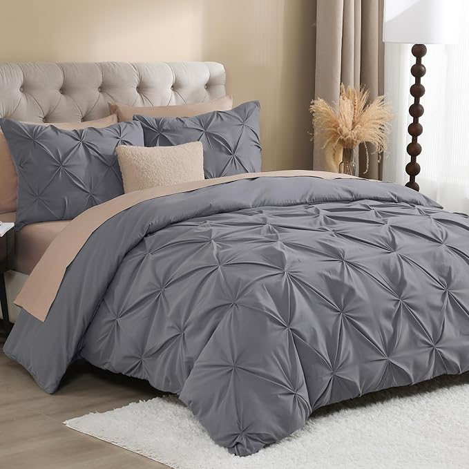 Litanika Dark Grey California King Pinch Pleat Duvet Cover, 3 Pieces Pintuck Cover Soft Microfiber Bedding Set with Zipper Closure & Corner Ties(1 Duvet Cover, 2 Pillowcases)