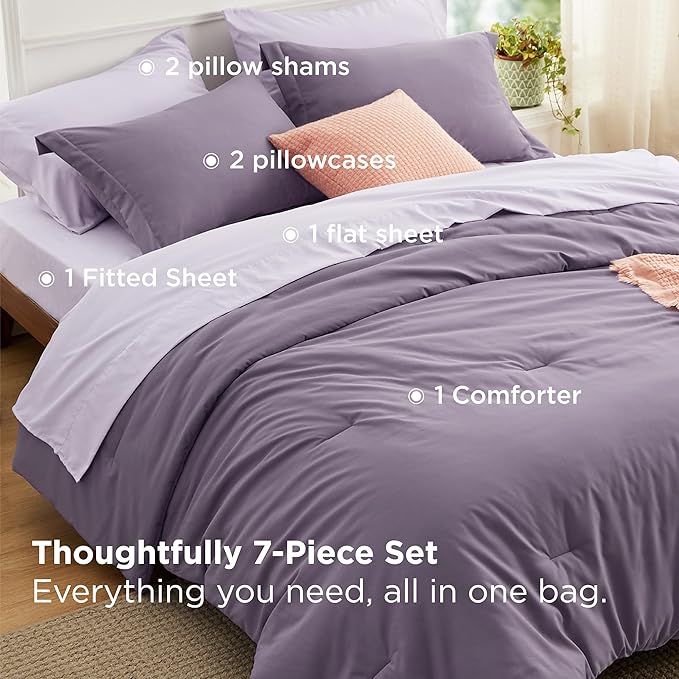 Bedsure Queen Comforter Set - 7 Pieces Grayish Purple Queen Bedding Set for All Seasons, Boho Contrasting Design Bed in a Bag with Comforter, Sheets, Pillowcases & Shams