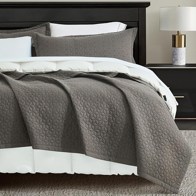 Oversized King Bedspread 128x120 Extra Wide, Modern & Contemporary Look, Lightweight Bedding Cover, Reversible, 5 Piece, 100% Microfiber, Brown