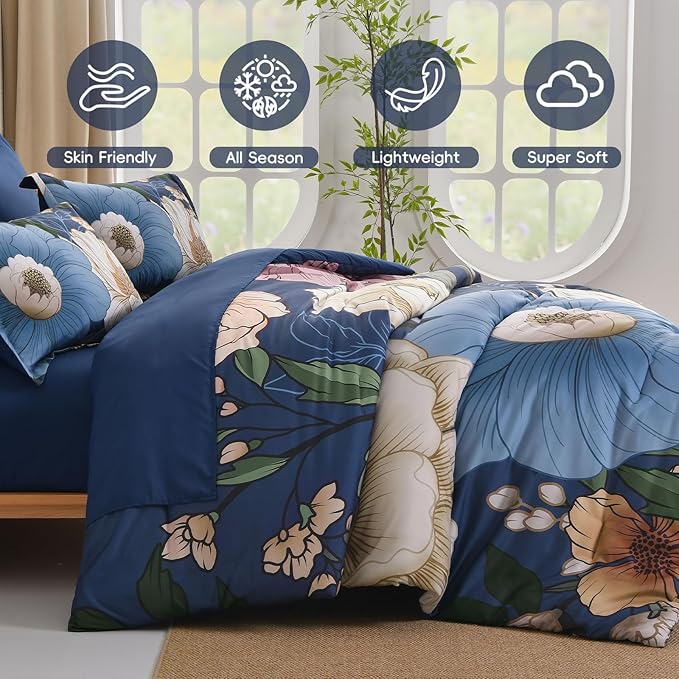 Xruibed Retro Navy Blue Floral Comforter Set Queen Size 7 Pieces Bed in a Bag Navy Floral Comforter Flower Bedding Sets Lightweight Boho Bed Set with Sheet, Pillowcases&Shams for All Season