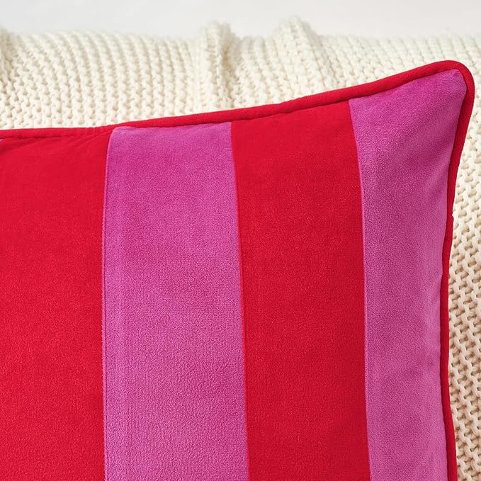 MONDAY MOOSE Decorative Throw Pillow Covers Cushion Cases, Set of 2 Soft Velvet Striped Piping Edge Designs, Pillow Inserts Not Included (20x20 inch, Hot Pink/Red)