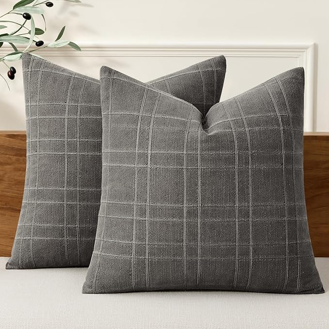 MIULEE Decorative Linen Check Lumar Throw Pillow Covers Neutral Farmhouse Vintage Pillow Covers 18x18 Inch Set of 2 Boho Modern Home Decor for Sofa Couch Bedroom Cushion Chair Charcoal Gray